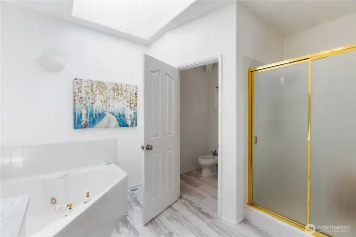 Jetted tub with Full Shower skylight and toile with separate bidet in primary bath.