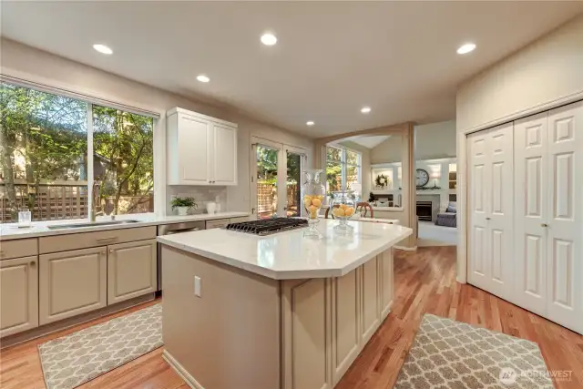 Chef's kitchen with quartz counter tops, full backsplash, center island, stainless steel appliances and a pantry.
