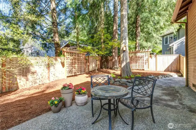 Private fully fenced yard with new fence in 2021 and privacy trellises.