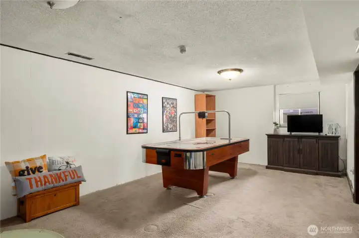 Expansive recreation room offers plenty of space for games, entertainment, or a home theater setup. Neutral tones and durable carpeting make it ready for everyday use—perfect for hosting, relaxing, or giving teens and guests their own hangout area.