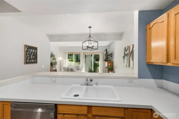 The kitchen has a good amount of counter space.