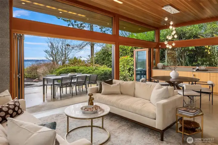 Liiving room looking over the back patio of main house