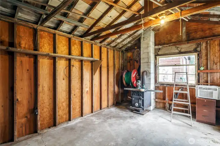 Shop with wood burning stove. Shop with wood burning stove.