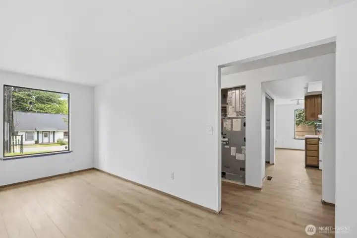 View of the kitchen area from the separate living area