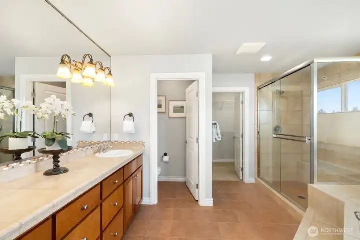 Primary bathroom is spacious and meticulous!  Large walk-in closet attached to bathroom.
