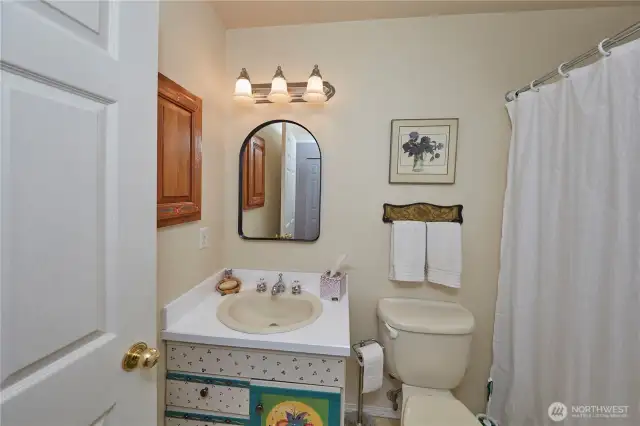 Adorable hall bath with hand-painted vanity.