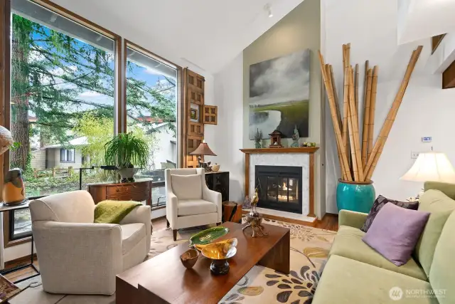 The living room is large and comfortable with a gas-hearth fireplace and room for your entire suite of living room furniture. The vaulted ceiling and the wall of east facing windows assure great light and a spacious feel.