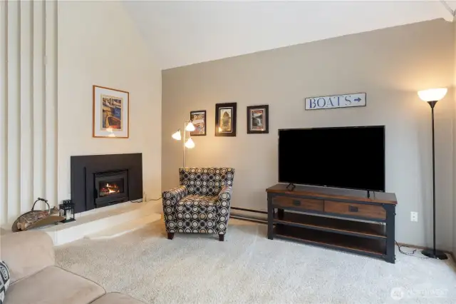 Living room features wood burning fireplace