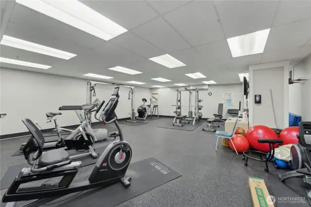 The gym inside the building has been recently remodeled with new flooring and paint.