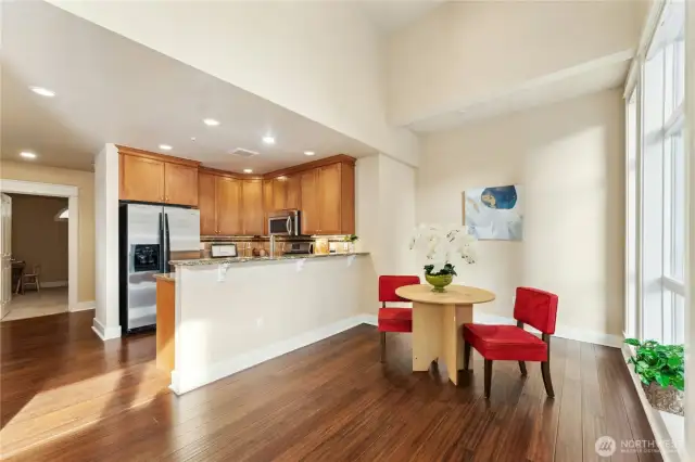 The kitchen is fully equipped with gas stove, granite counters and stainless steel appliances.