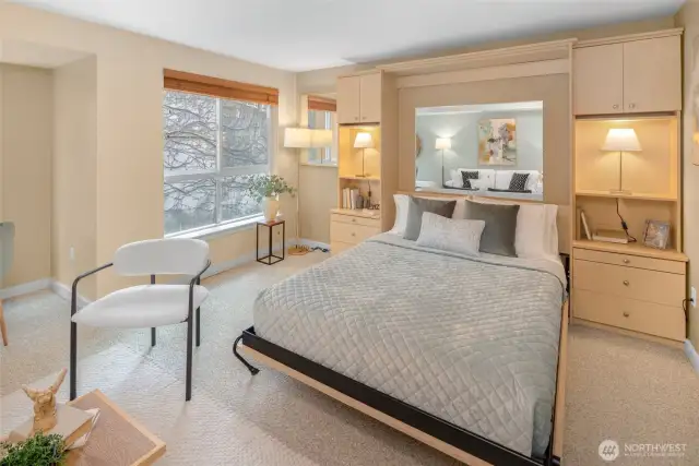 Tuck in and unwind—this Murphy bed setup is flanked by built-ins and lighting, making bedtime both practical and beautiful.
