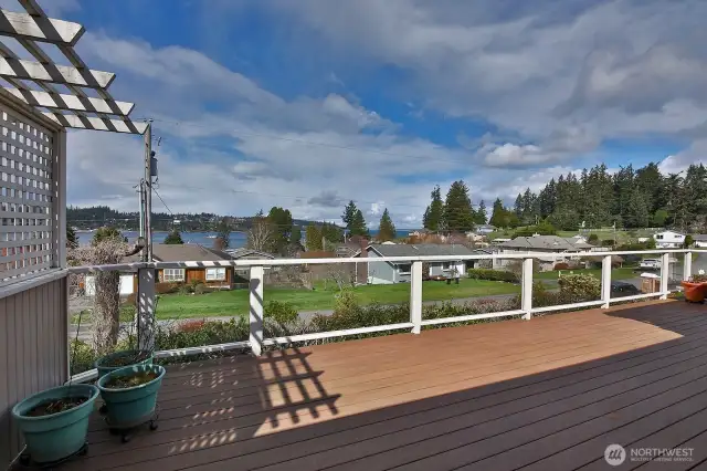 You have just stepped outside of the main level primary suite. This deck is spacious enough for a table & chairs, a couple of lounge chairs and more potted plants.
