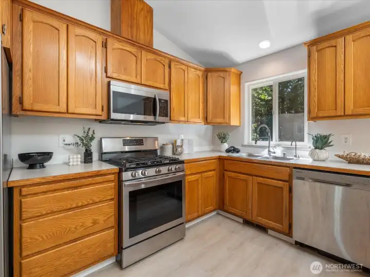 There's ample counter space for meal prep, baking projects, or morning coffee with a view.