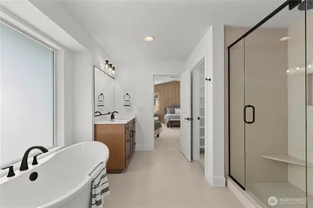 Soaking tub and large glass shower