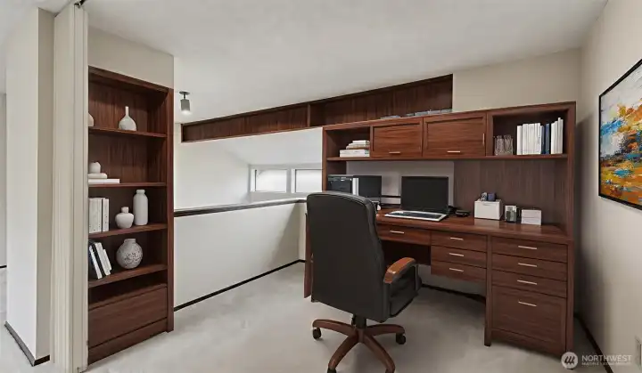 Virtually staged to imagine a cozy home office or reading retreat.
