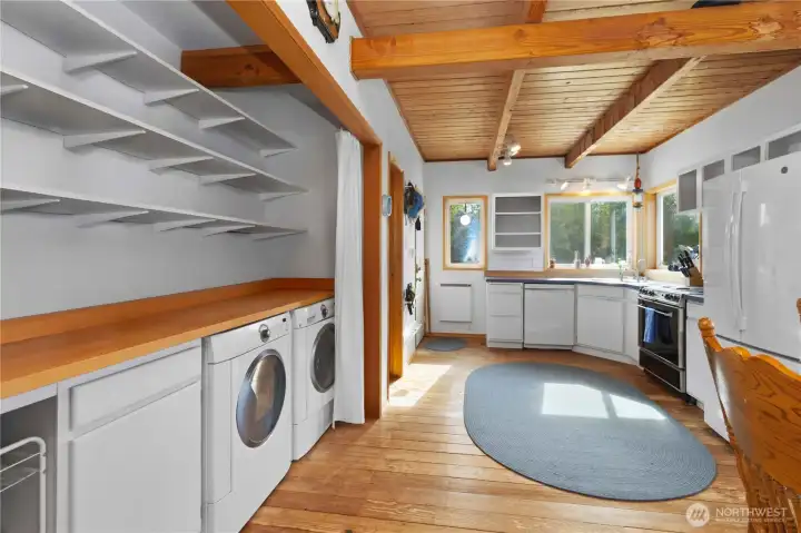 Smartly designed pantry shelving with concealed washer and dryer for tons of extra storage.