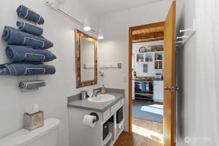 Downstairs bathroom has a walk-in shower.