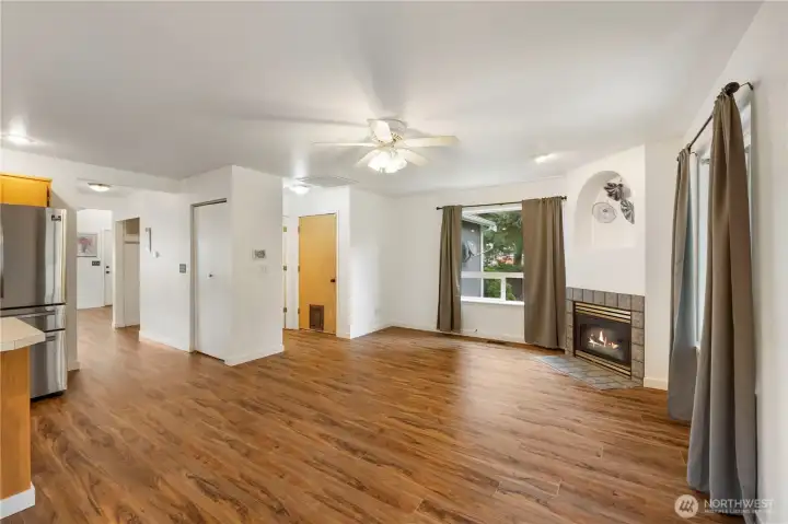 Family room view leading to large 2 car garage