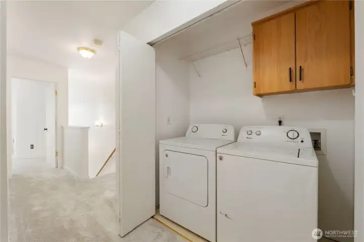 Laundry view at top of stairs for all bedroom use with bi fold doors and storage