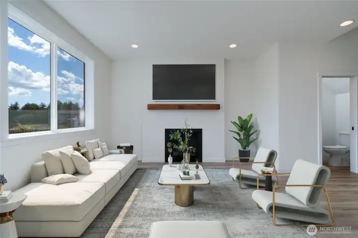 Great room w/gas fireplace. Photo of a different duplex.