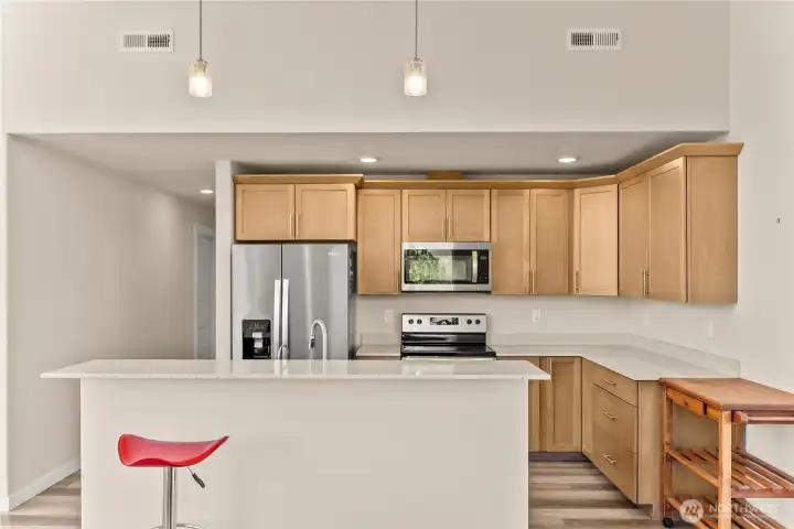Stylish pendent lighting over the kitchen island.