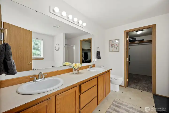 Ensuite bath with walk-in shower and soaking tub. You'll also find the huge primary walk-in closet at the othe end of the bathroom.