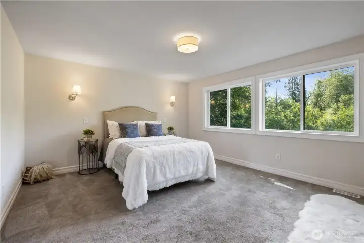 Primary bedroom with plush new carpet, large windows, and a calming, airy feel