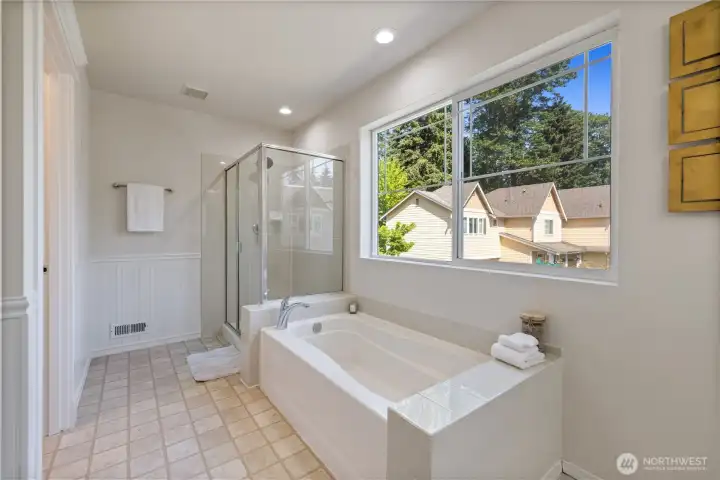 Primary bath with a soaking tub and walk-in shower — notice the large window that brightens the whole space.