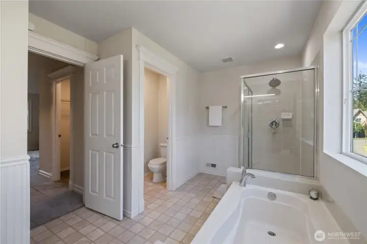 Another angle from the large primary suite bathroom with is spa bathtub and natural light flooding in.