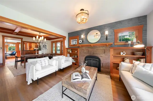 Gas fireplace with custom fir shelving