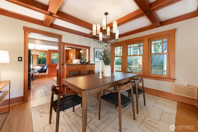 A custom fir box beam ceiling rounds out this elegant dining room