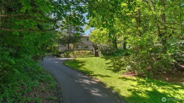 Lush greenery and mature trees line the expansive driveway and front yard, featuring a spacious recreation area.