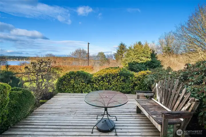 Lots of deck space on both levels. This is the lower level deck where you have a great view of the garden and beyond.