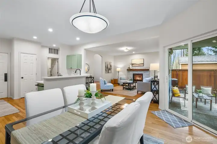 dining room with view into kitchen and living room