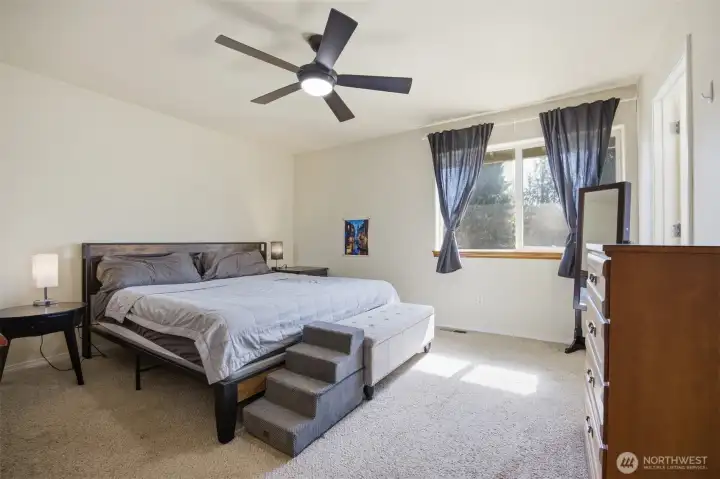 Primary Bed has walk-in closet, shower and tub, double sinks in bath.