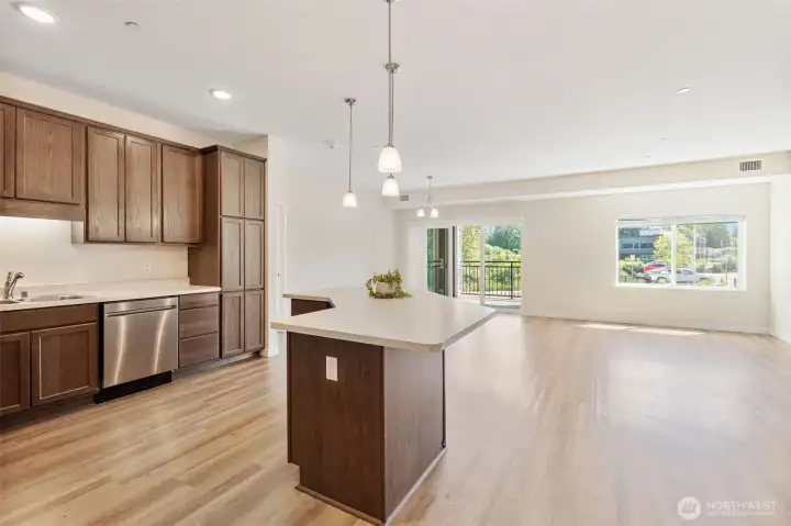 As you enter unit, youre greeted with open concept living area and kitchen