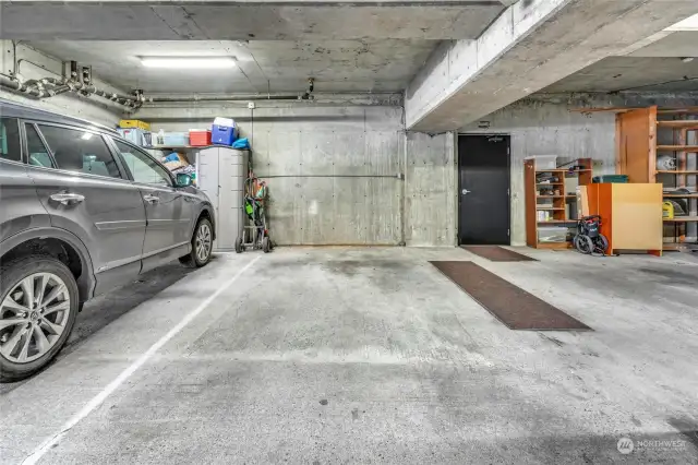 Dedicated parking space in north garage right next to lobby door for easy unloading.
