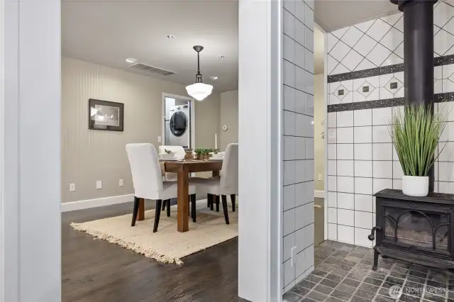 wood stove off bonus room, informal dining room and kitchen