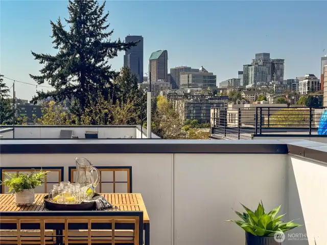 Seattle city skyline view from the rooftop terrace