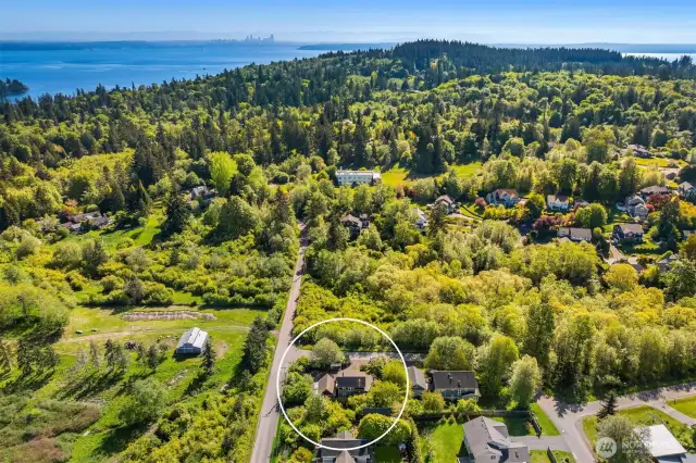 View from above looking East toward Puget Sound with Seattle in the distance
