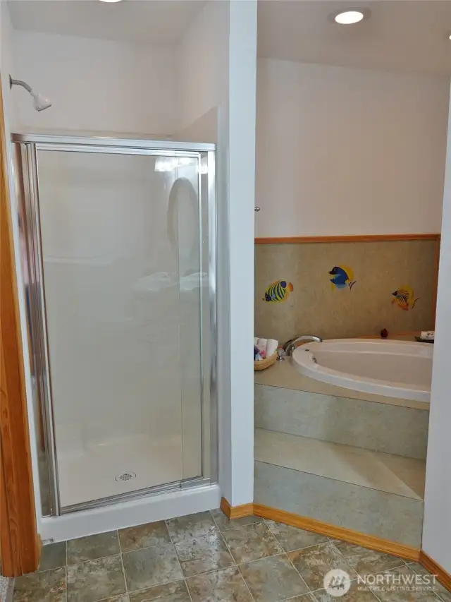 Master Bathroom w/ soaking tub and walk-in shower.