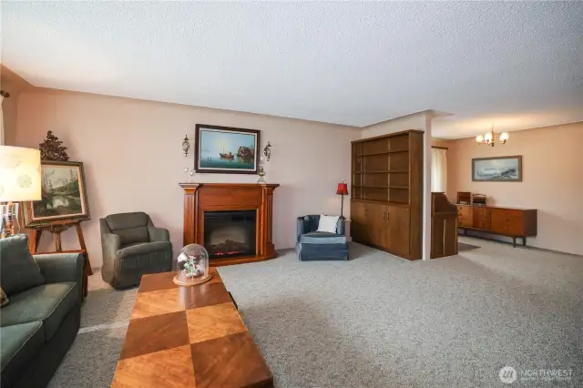 Spacious living room with electric fireplace.