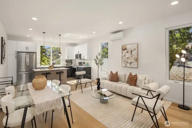 Kitchen, living, dining area