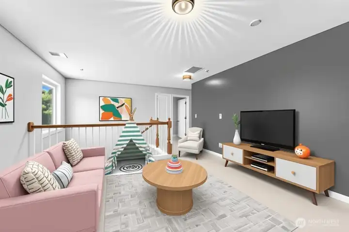 Second floor loft virtually staged as family room.