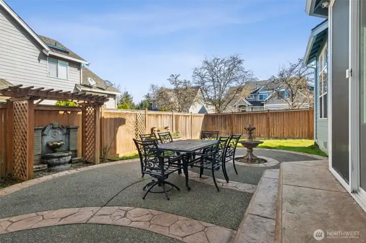 Attractive aggregate and stamped patio finishes provide a beautiful balance of style and function.