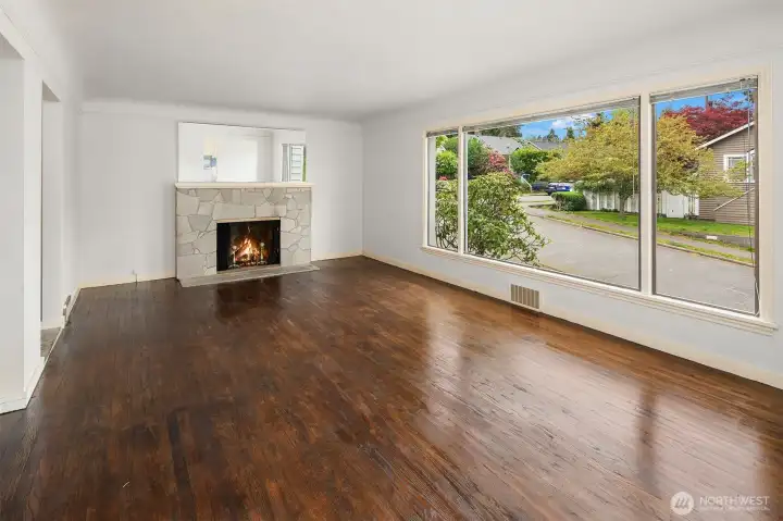 Living Room with fireplace and large picture windows