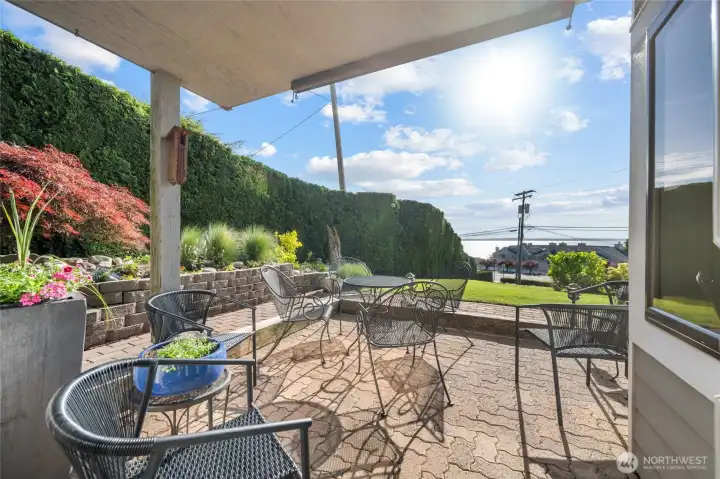 Front patio with views of Bellingham Bay over stunning grounds.