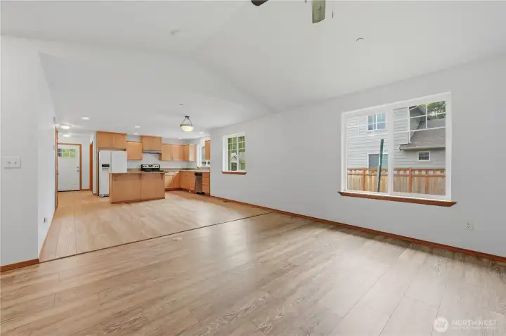 Looking into the dining area and kitchen from the living room