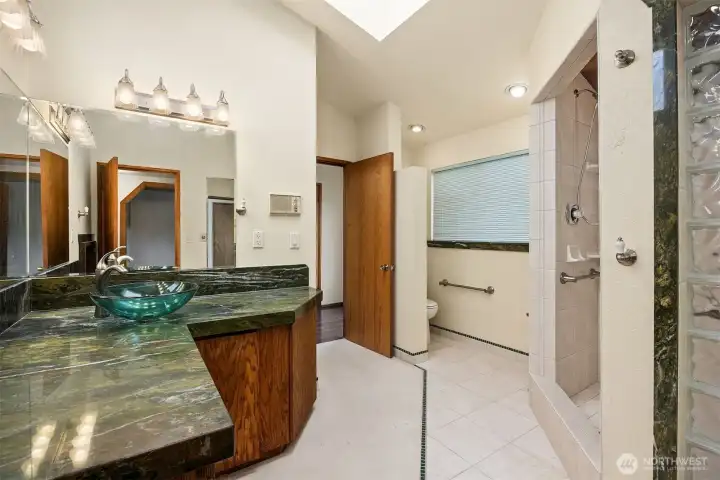 Remodeled upstairs bathroom with granite countertops, walk-in double headed shower. Remodeled upstairs bathroom with granite countertops, walk-in double headed shower.