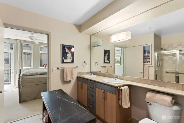 Primary Suite Bath with custom Center Island (not fixed so could be removed).